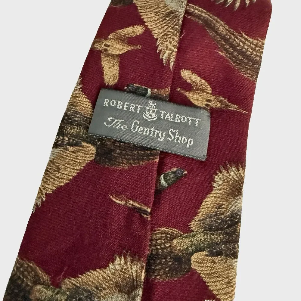 Vtg Robert Talbott Pheasant Neck Tie Hand Sewn Maroon 50/ 50 Silk Wool 3.75 x 58